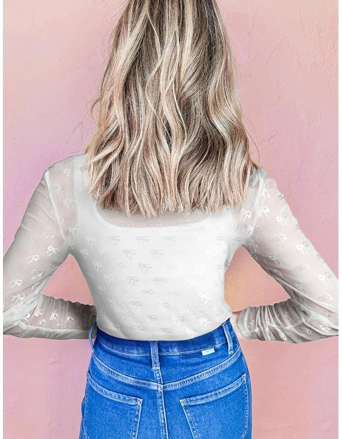 White Mesh Bow Pattern Long Sleeve Top, 8 of 7