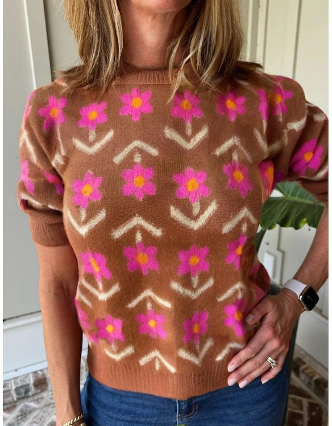Brown Floral Short Puff Sleeve Sweater