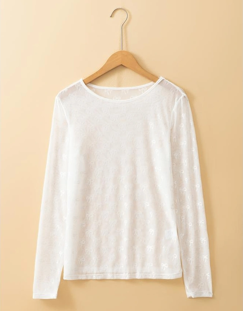 White Mesh Bow Pattern Long Sleeve Top