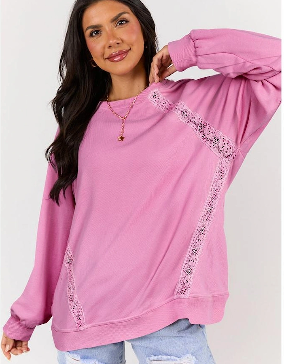 Bright Pink Lace Patched Raglan Sleeve Loose Fit Sweatshirt