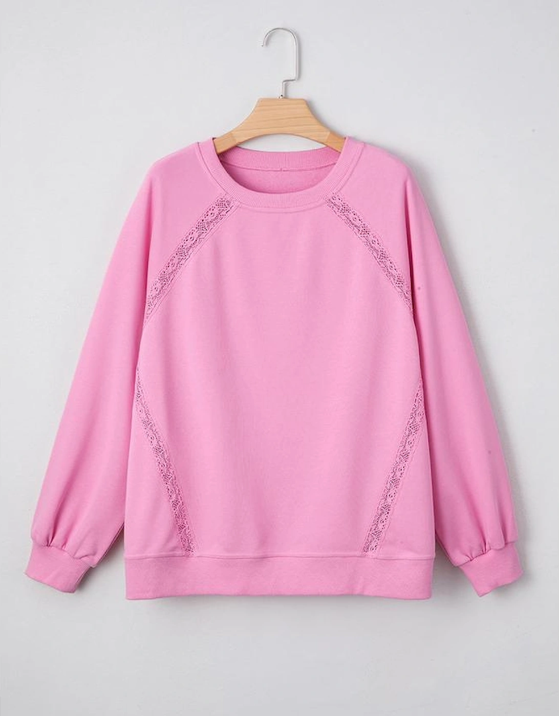 Bright Pink Lace Patched Raglan Sleeve Loose Fit Sweatshirt