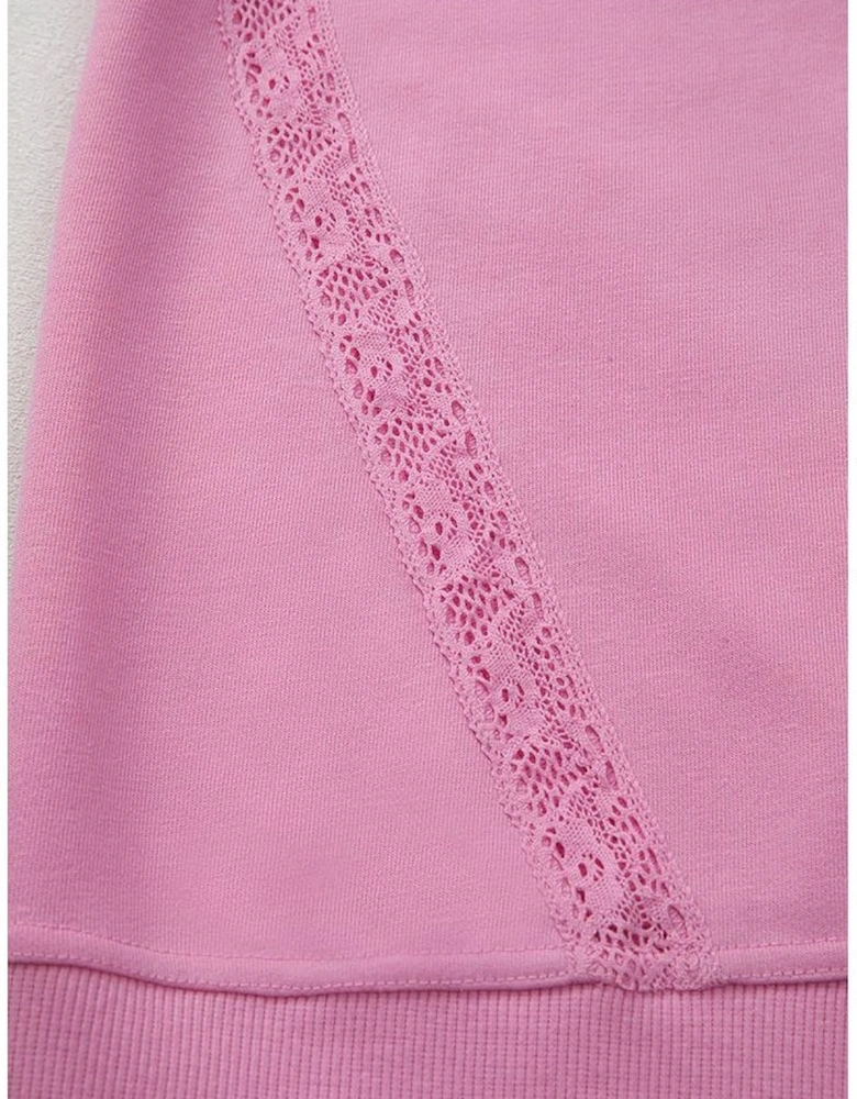 Bright Pink Lace Patched Raglan Sleeve Loose Fit Sweatshirt