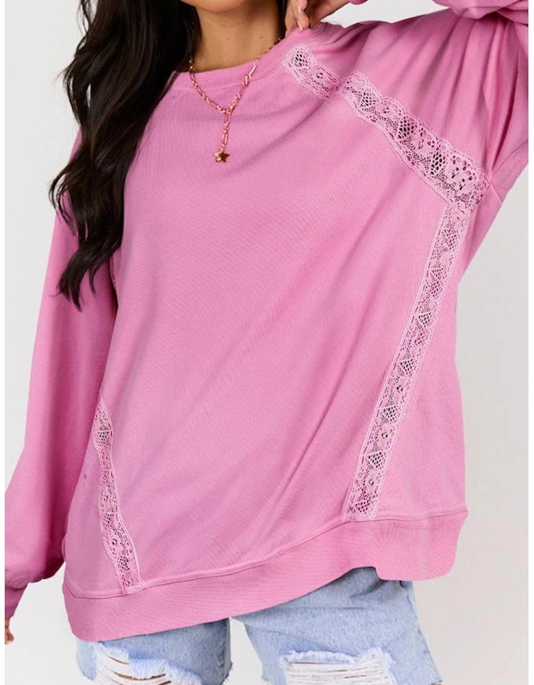 Bright Pink Lace Patched Raglan Sleeve Loose Fit Sweatshirt
