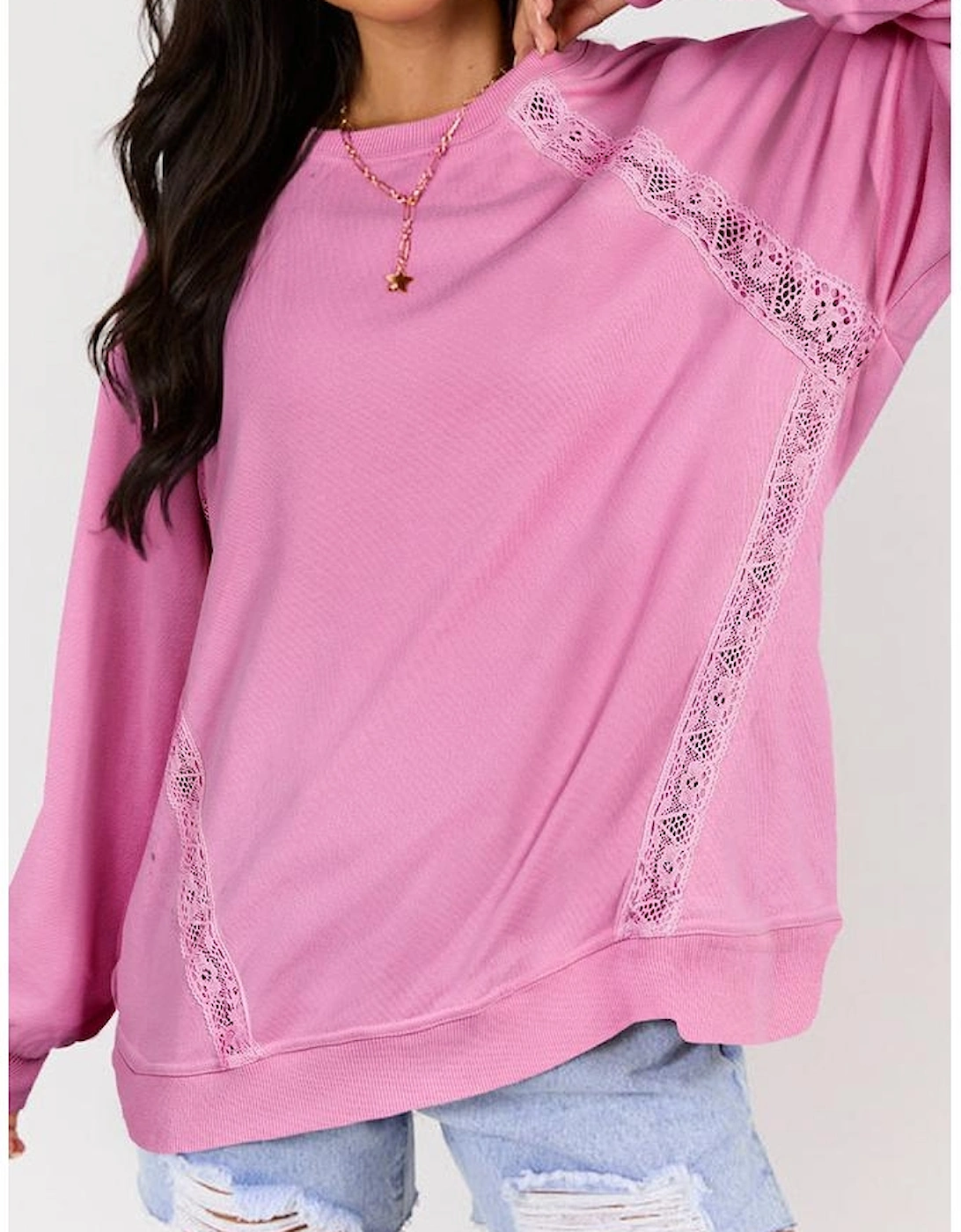 Bright Pink Lace Patched Raglan Sleeve Loose Fit Sweatshirt