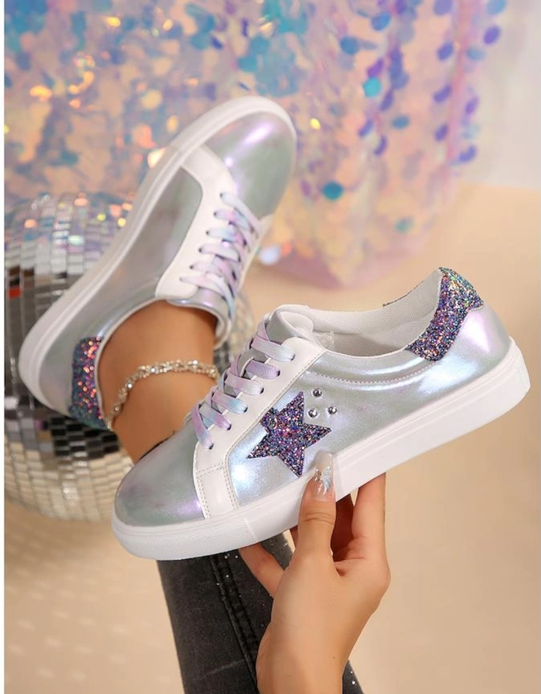Silvery Star Sequin Patchwork Criss Cross Casual Shoes