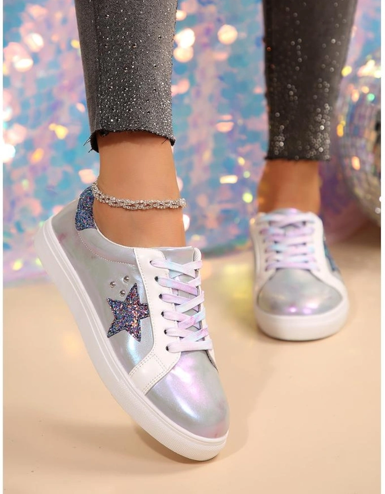 Silvery Star Sequin Patchwork Criss Cross Casual Shoes