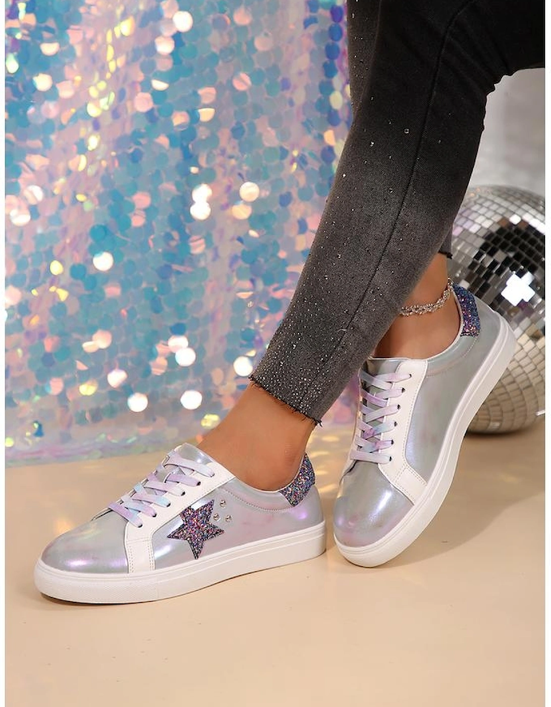 Silvery Star Sequin Patchwork Criss Cross Casual Shoes
