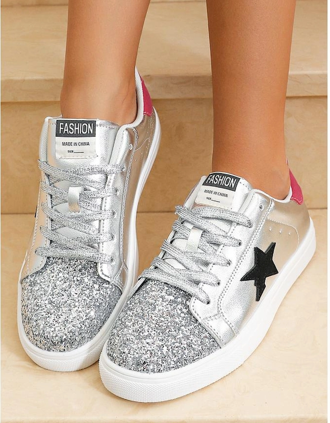 Silvery Star Sequin Patchwork Criss Cross Casual Shoes