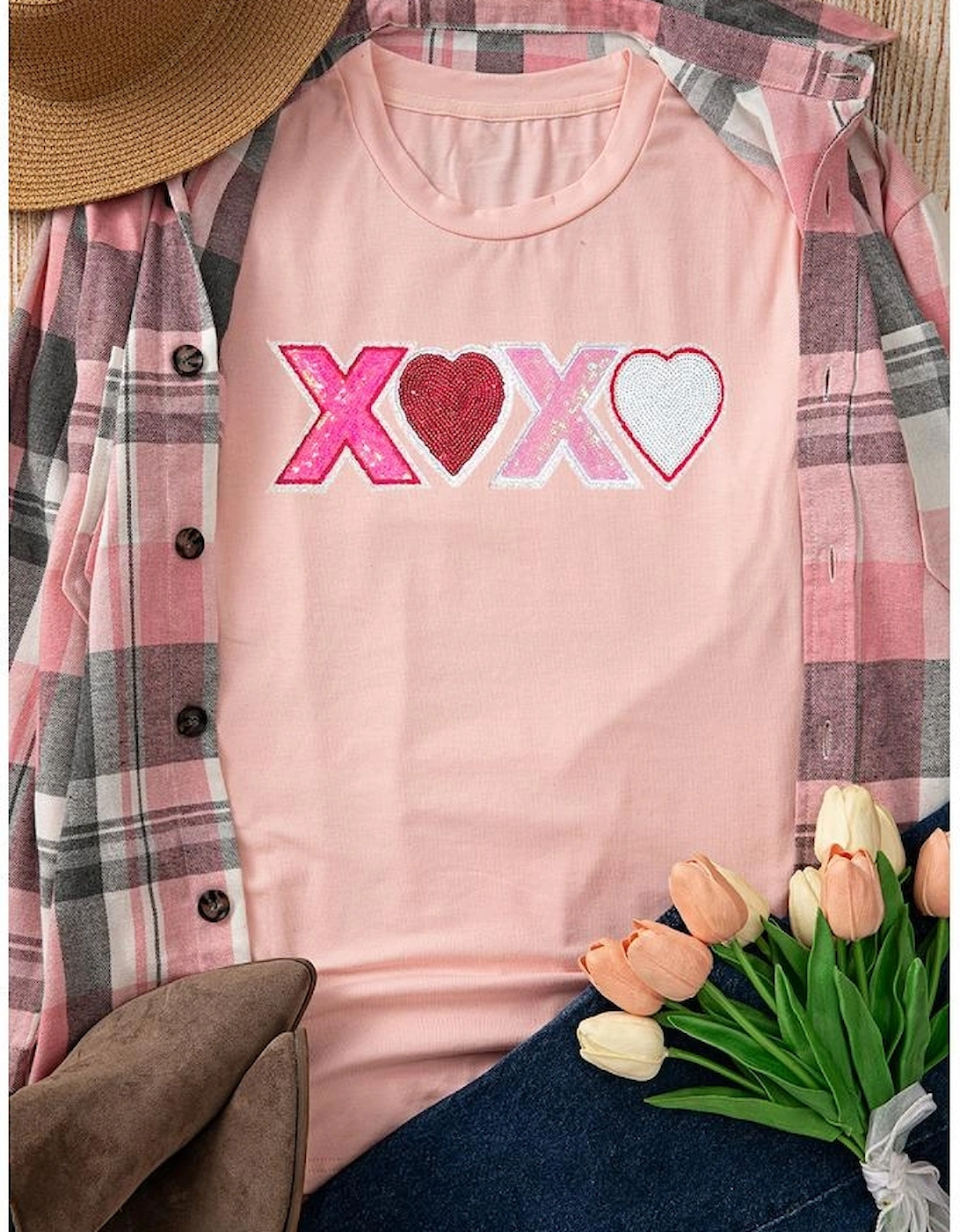 Pink Sequin Heart XOXO Patched Graphic Valentines T Shirt