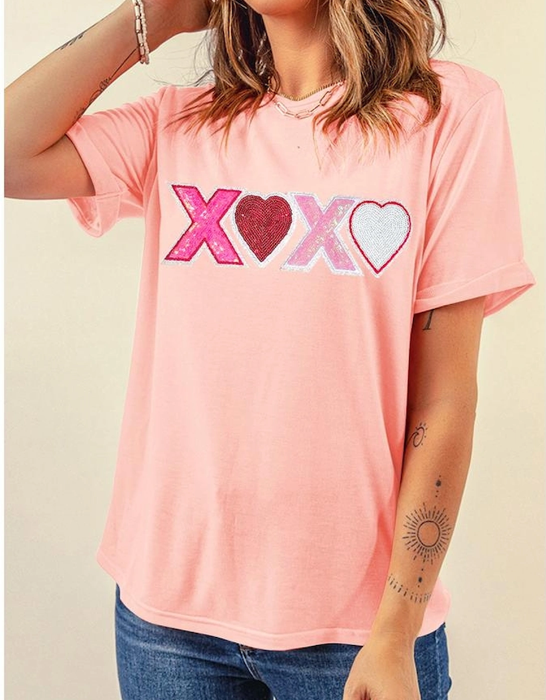 Pink Sequin Heart XOXO Patched Graphic Valentines T Shirt