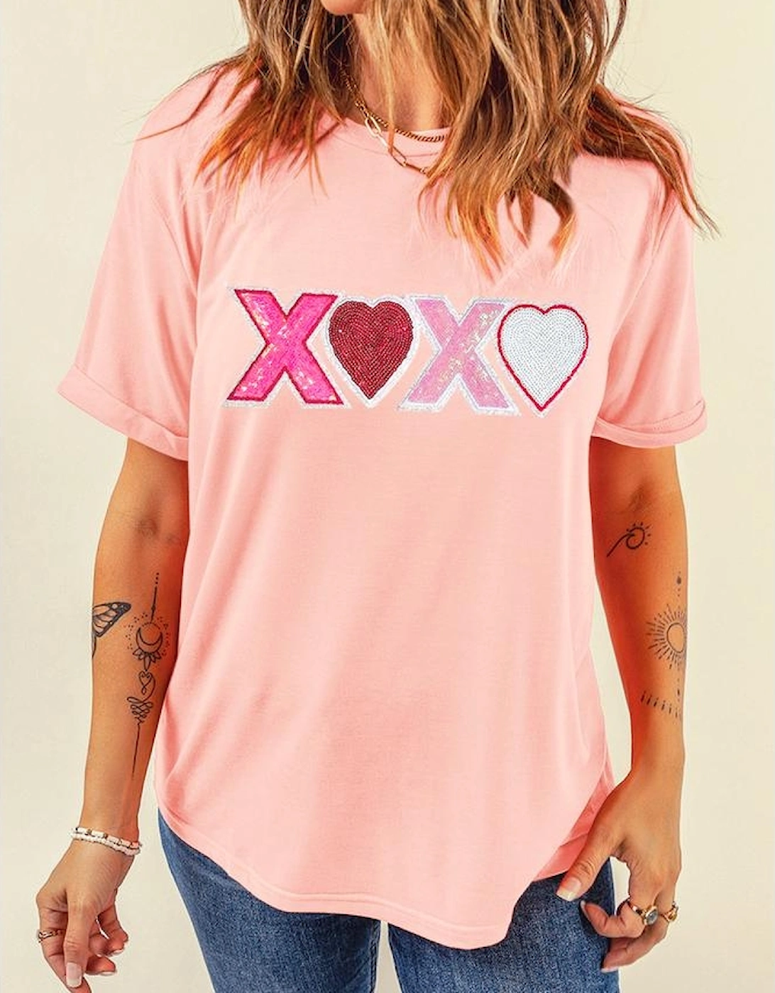 Pink Sequin Heart XOXO Patched Graphic Valentines T Shirt