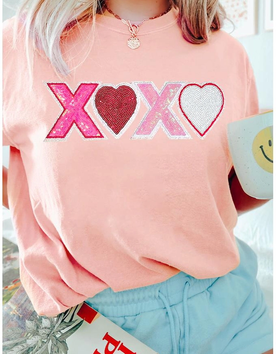 Pink Sequin Heart XOXO Patched Graphic Valentines T Shirt, 6 of 5