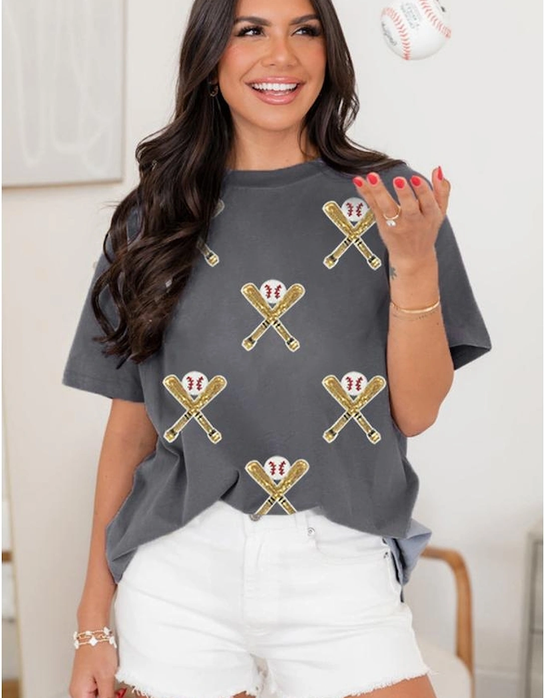 Gray Sequined Game Day Casual Tee