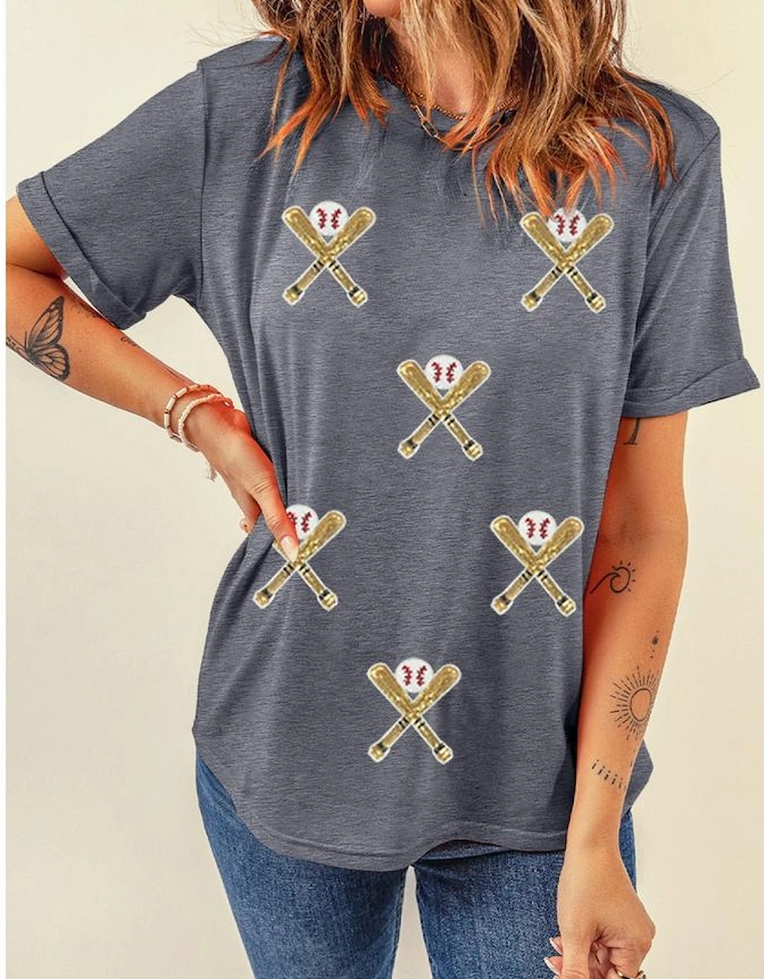 Gray Sequined Game Day Casual Tee
