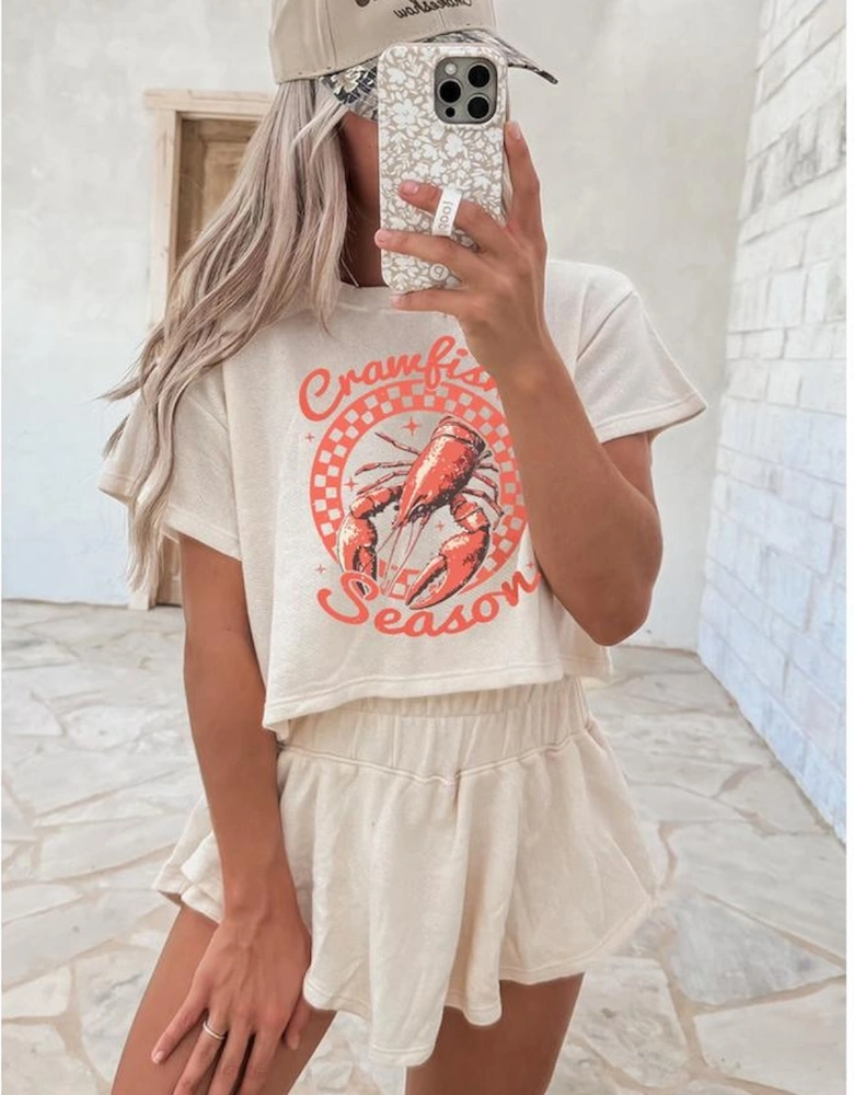 Beige Crawfish Season Print T Shirt and High Waist Ruffle Skorts Set
