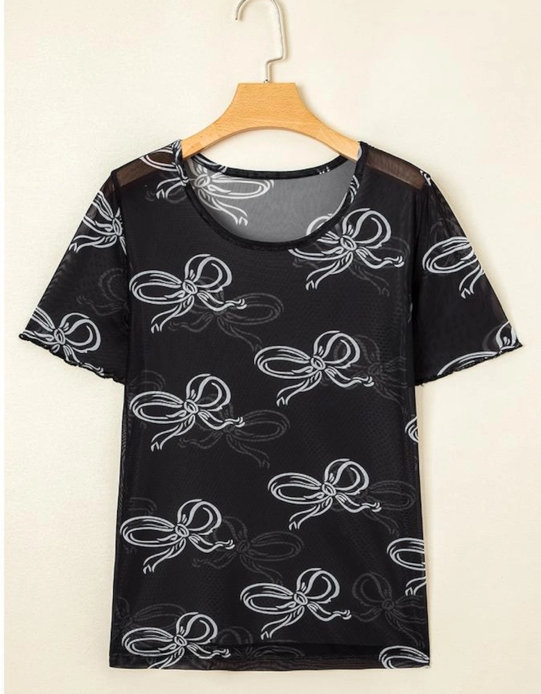Black Bow Printed Mesh Short Sleeve Top