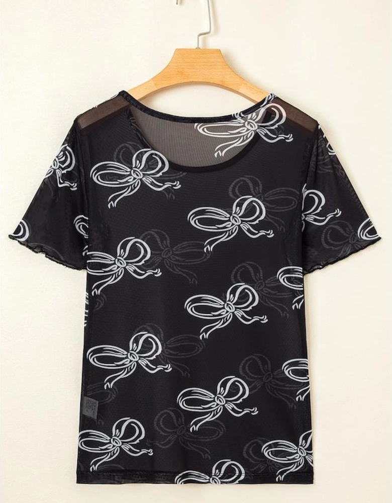 Black Bow Printed Mesh Short Sleeve Top