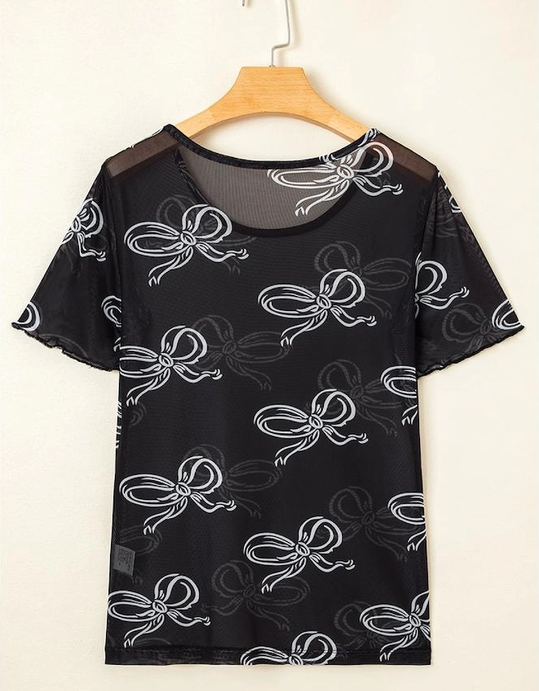 Black Bow Printed Mesh Short Sleeve Top
