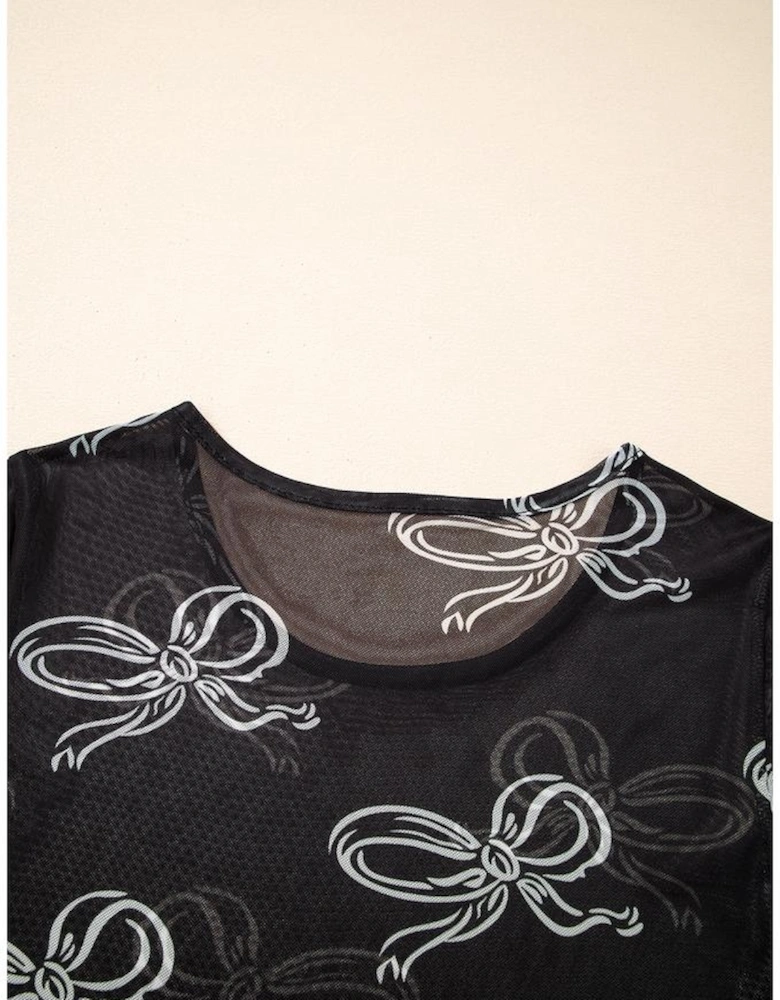 Black Bow Printed Mesh Short Sleeve Top