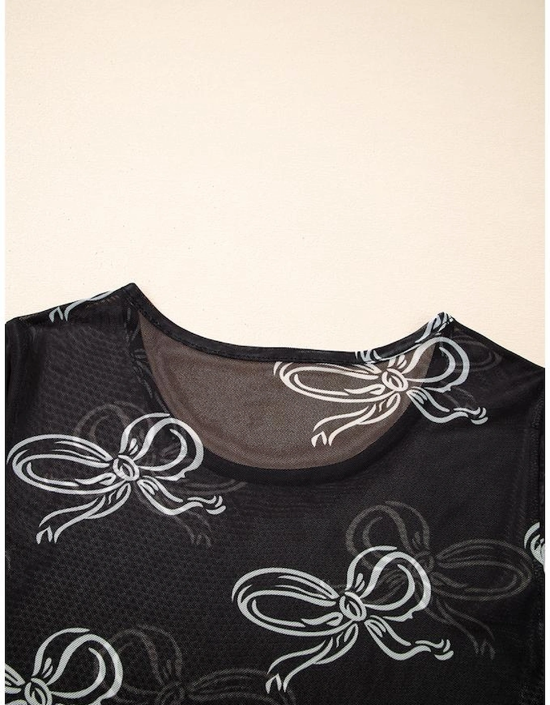 Black Bow Printed Mesh Short Sleeve Top