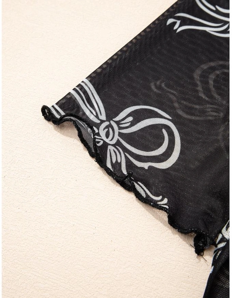 Black Bow Printed Mesh Short Sleeve Top