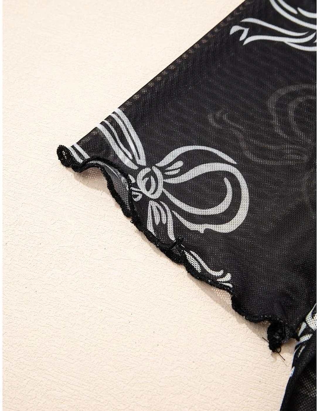 Black Bow Printed Mesh Short Sleeve Top