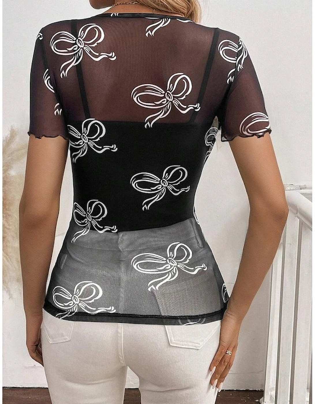 Black Bow Printed Mesh Short Sleeve Top, 9 of 8