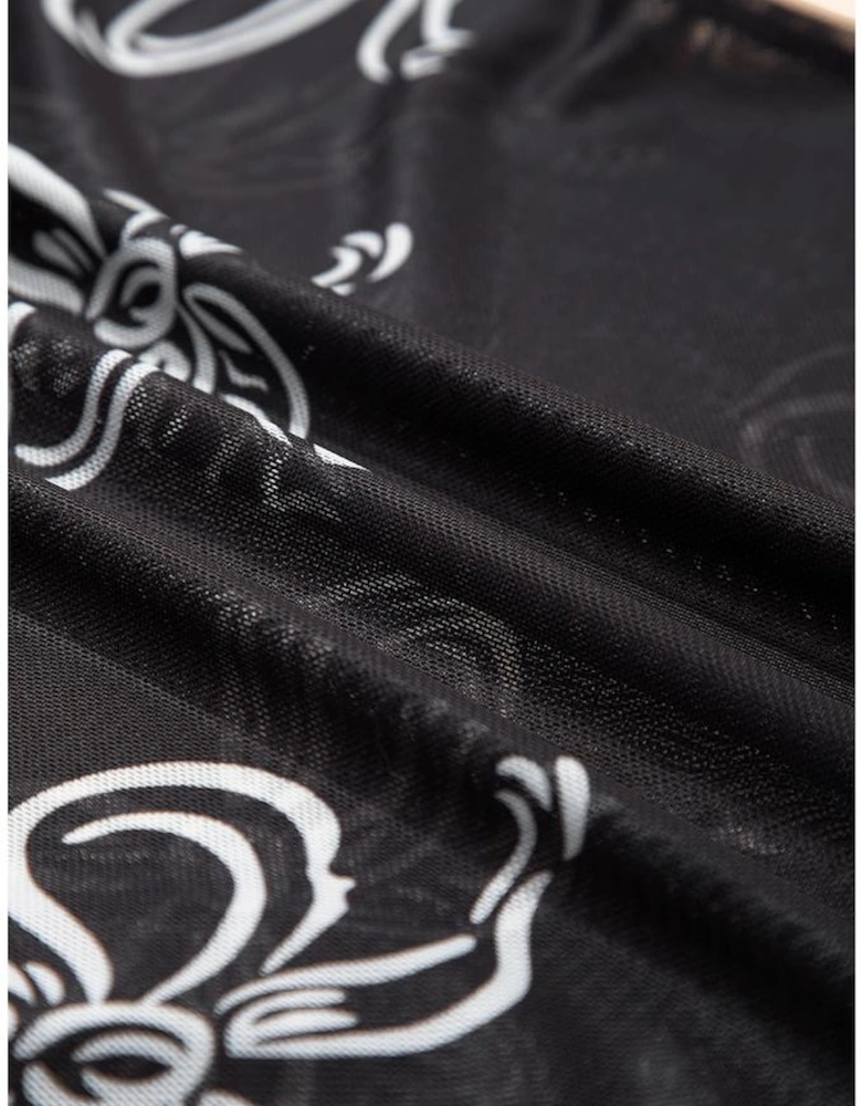 Black Bow Printed Mesh Short Sleeve Top