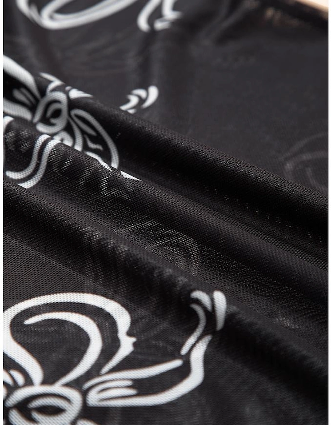 Black Bow Printed Mesh Short Sleeve Top