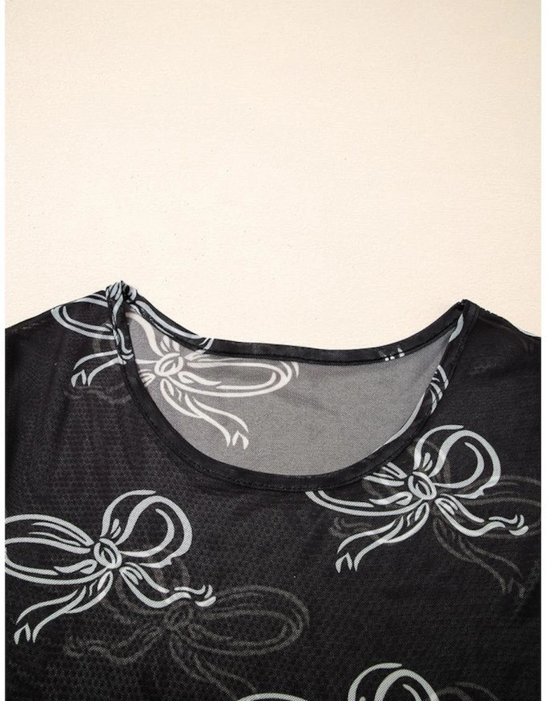 Black Bow Printed Mesh Short Sleeve Top