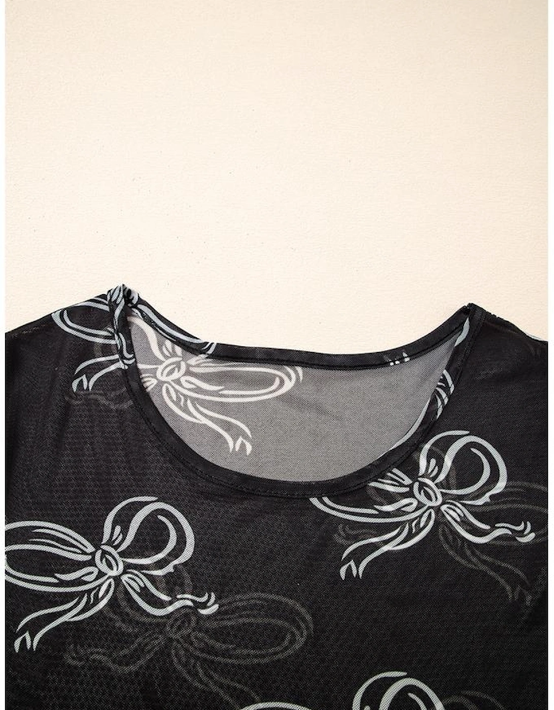 Black Bow Printed Mesh Short Sleeve Top