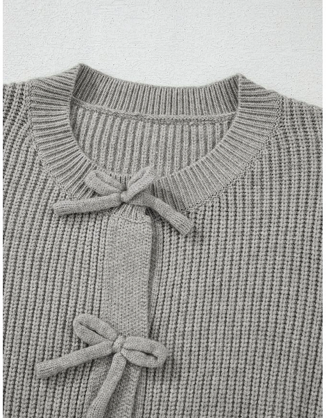 Philippine Gray Ribbed Knit Bow Front Buttoned Cardigan, 16 of 15