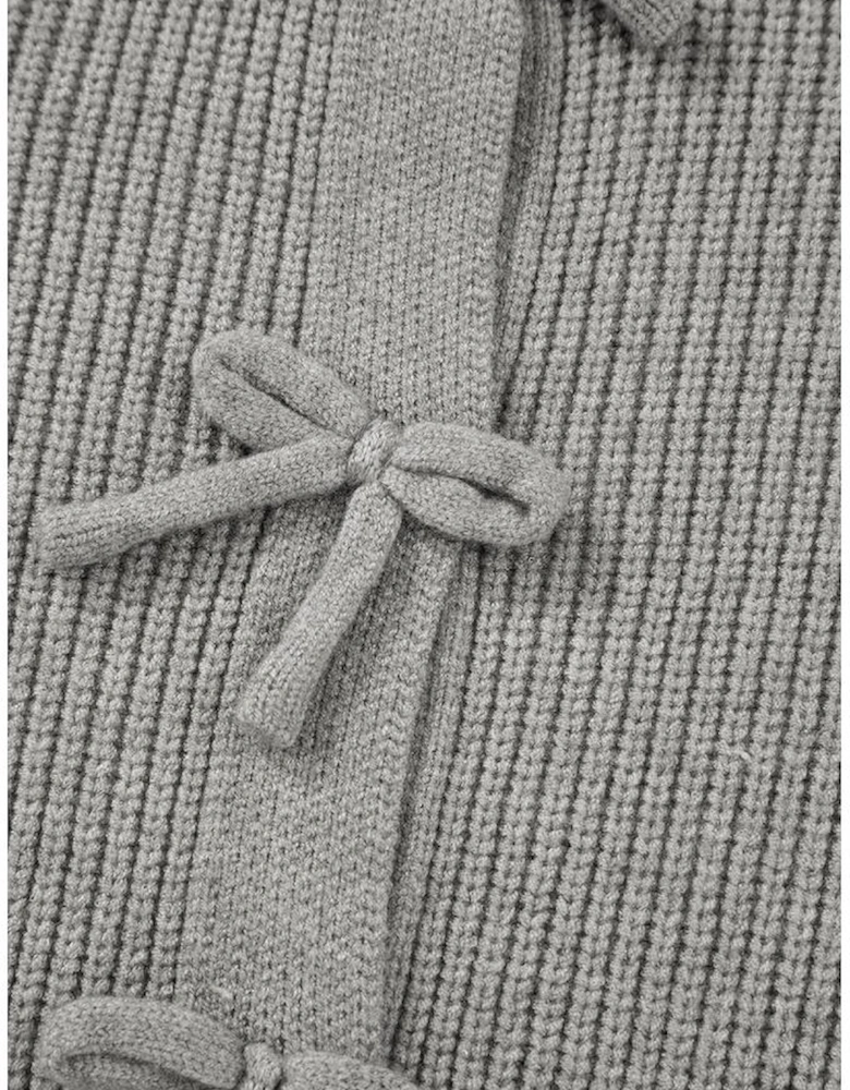 Philippine Gray Ribbed Knit Bow Front Buttoned Cardigan