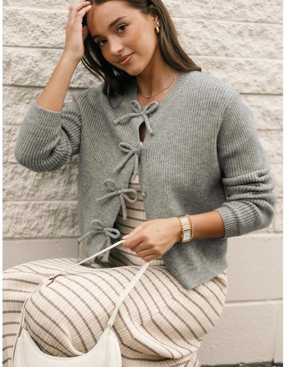 Philippine Gray Ribbed Knit Bow Front Buttoned Cardigan