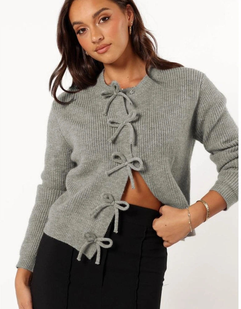 Philippine Gray Ribbed Knit Bow Front Buttoned Cardigan