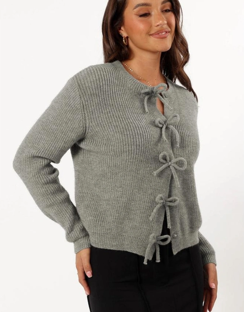 Philippine Gray Ribbed Knit Bow Front Buttoned Cardigan