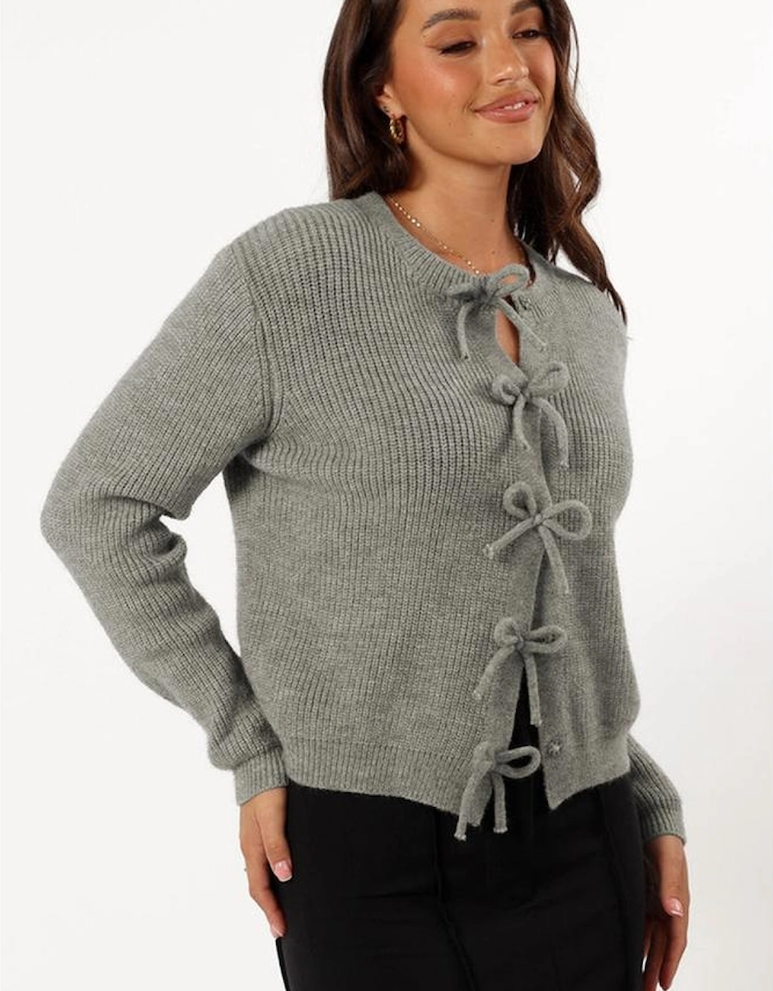 Philippine Gray Ribbed Knit Bow Front Buttoned Cardigan