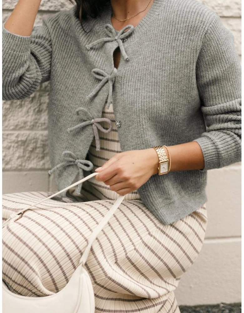 Philippine Gray Ribbed Knit Bow Front Buttoned Cardigan