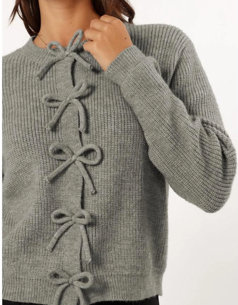 Philippine Gray Ribbed Knit Bow Front Buttoned Cardigan
