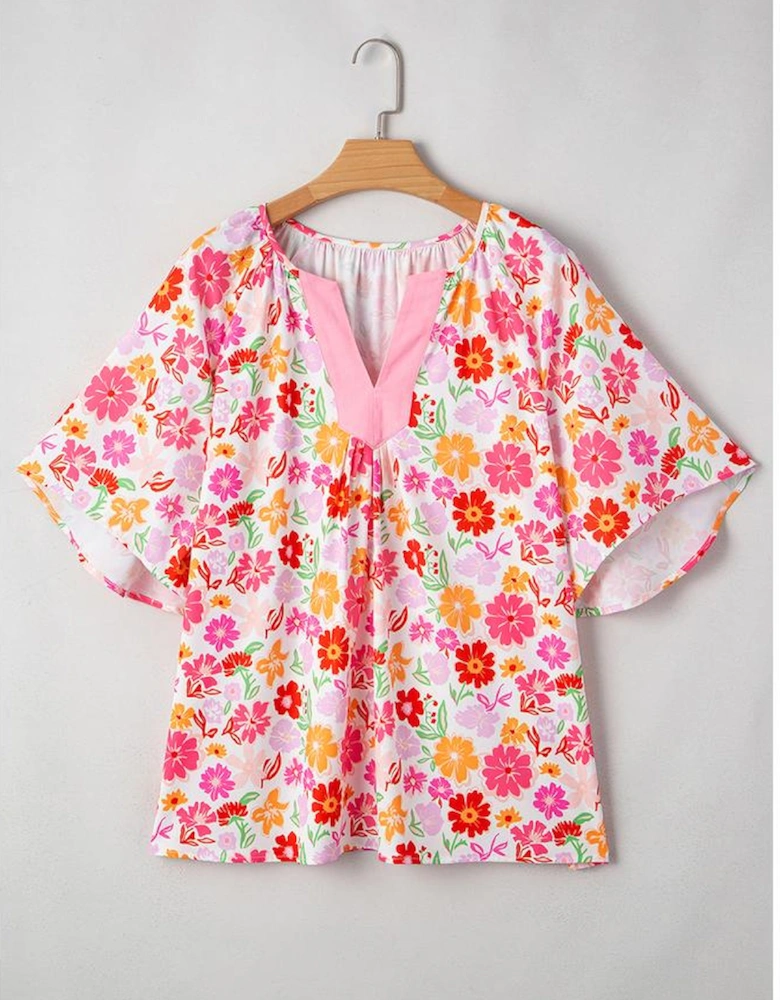 White Floral Split V Neck Wide Short Sleeve Plus Size Blouse Top