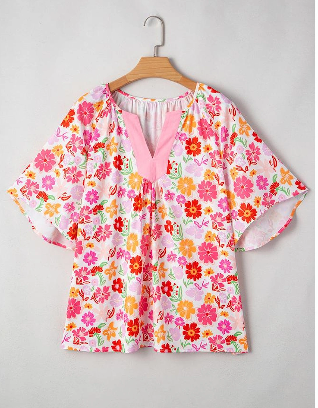 White Floral Split V Neck Wide Short Sleeve Plus Size Blouse Top