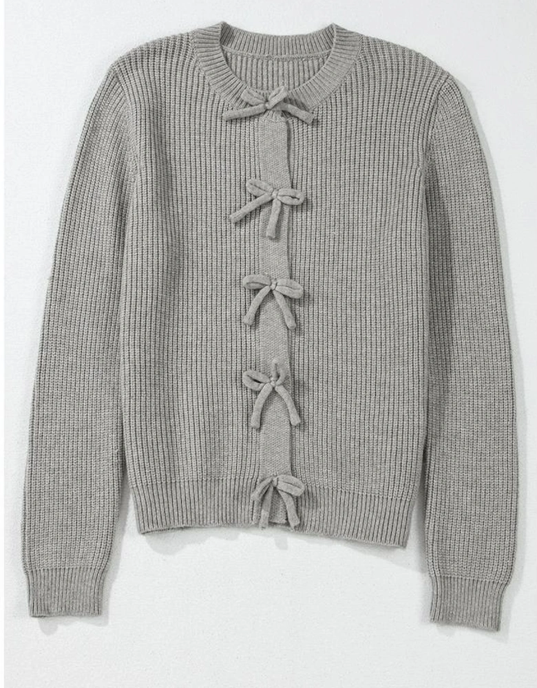 Philippine Gray Ribbed Knit Bow Front Buttoned Cardigan