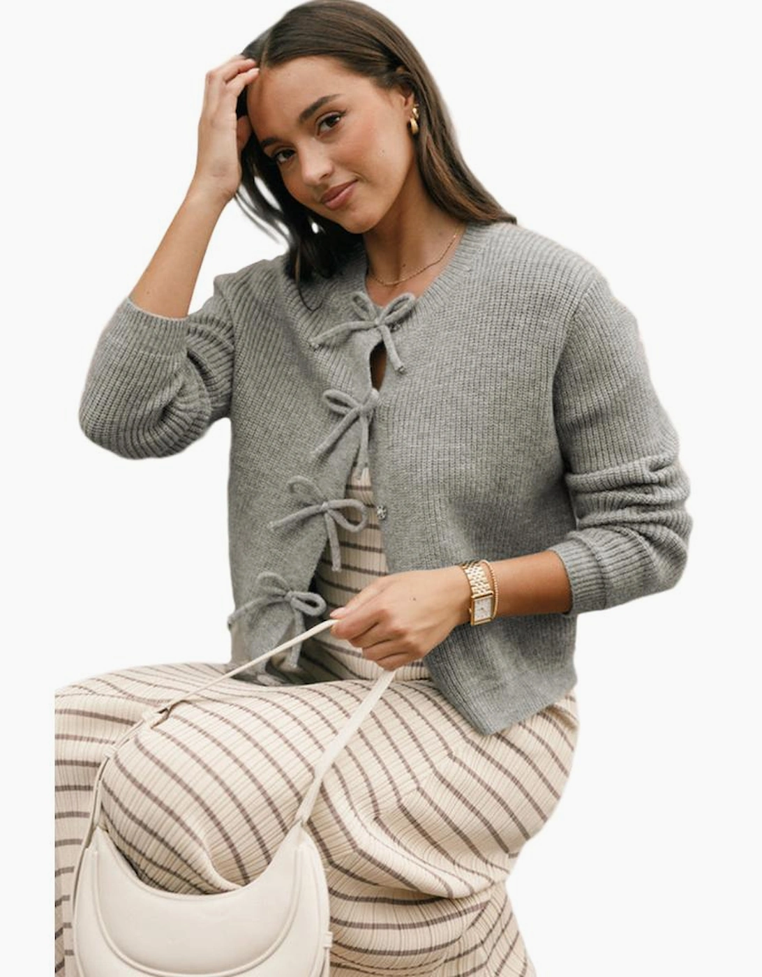 Philippine Gray Ribbed Knit Bow Front Buttoned Cardigan