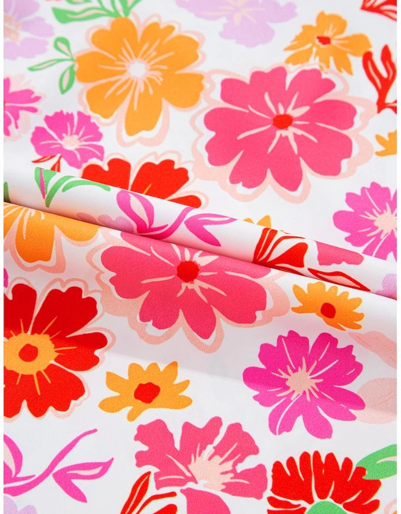 White Floral Split V Neck Wide Short Sleeve Plus Size Blouse Top