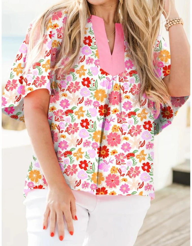 White Floral Split V Neck Wide Short Sleeve Plus Size Blouse Top