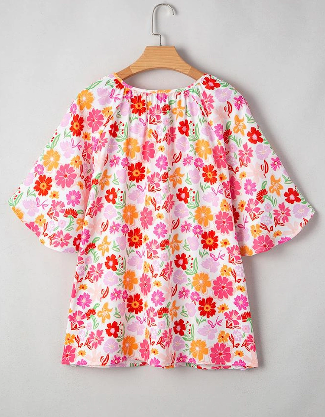 White Floral Split V Neck Wide Short Sleeve Plus Size Blouse Top