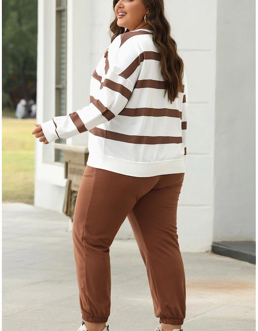 Brown Stripe Striped Drop Shoulder Pullover and Jogger Pants Set