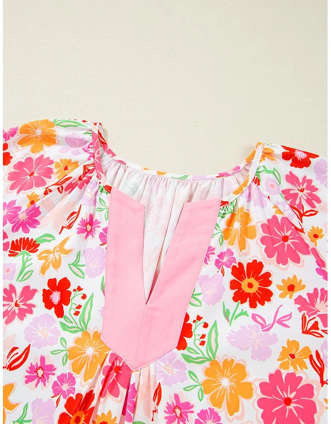 White Floral Split V Neck Wide Short Sleeve Plus Size Blouse Top