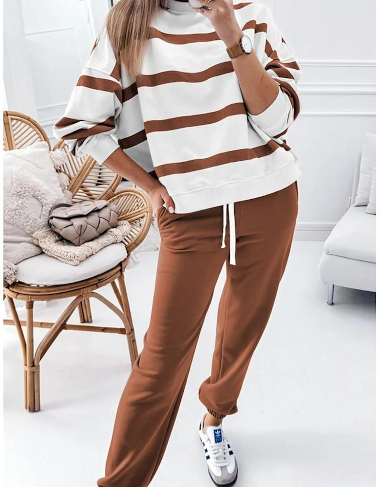 Brown Stripe Striped Drop Shoulder Pullover and Jogger Pants Set