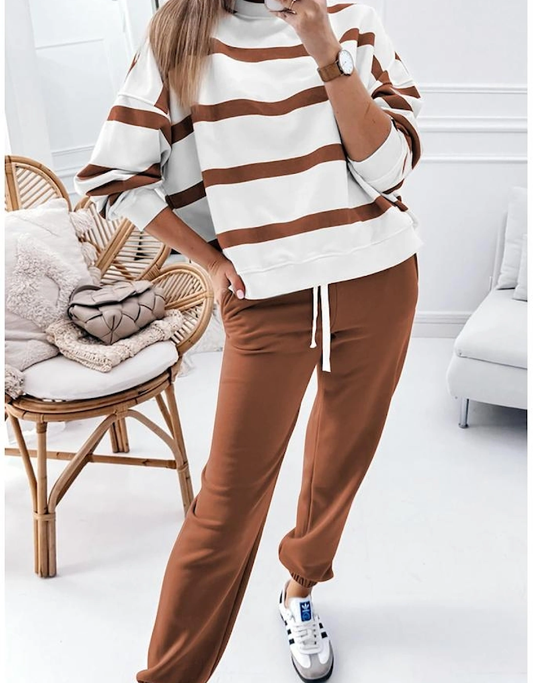 Brown Stripe Striped Drop Shoulder Pullover and Jogger Pants Set